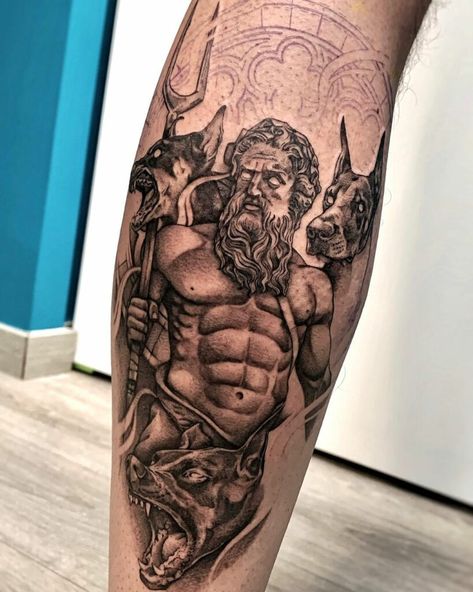 Hades Tattoo Mythology, Hades Tattoo Ideas, Hades Tattoo Design Greek Mythology, Hades Tattoos, Hades Tattoo Design, Thigh Tats Men, Simple Greek Mythology Tattoos, Tyler Tattoo, Hades Tattoo