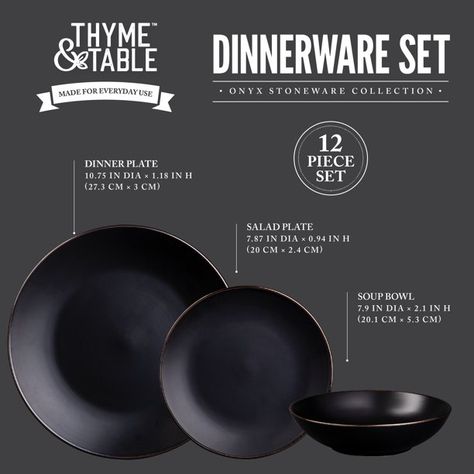 Thyme & Table Dinnerware Black Onyx Stoneware, 12 Piece Set - Walmart.com Black Dinnerware Set, Black Dinnerware, Gold Flatware, Elegant Dinner, Closet Designs, Dish Sets, Dinner Sets, Dinnerware Set, Salad Plates