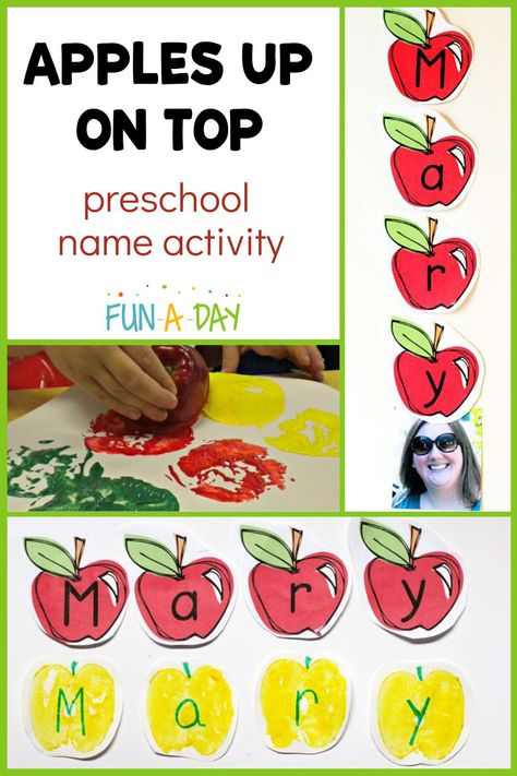 Name activities and literacy activities are staples in my preschool classroom, so why not combine them?? Extend the book Ten Apples Up on Top with this fun apple name activity, perfect for fall! Make prints with real apples or use the free printable. Apple Name Craft, Ten Apples Up On Top, Preschool Apple Activities, Name Activities Preschool, Name Activity, Apple Letters, Preschool Apple Theme, September Preschool, Homeschool Stem