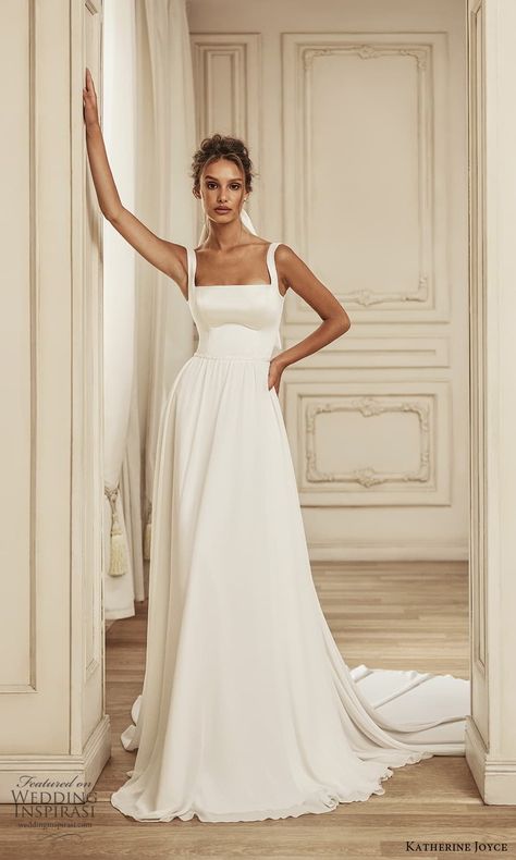 Aline Minimalist Wedding Dress, Thick Waistband Wedding Dress, Simple Designer Wedding Dress, Folded Neckline Wedding Dress, Wedding Dresses Tulle Sleeves, Wedding Dresses Fuller Bust, Wedding Dresses Without Lace, Classic Bridal Gown, Classic Boho Wedding Dress