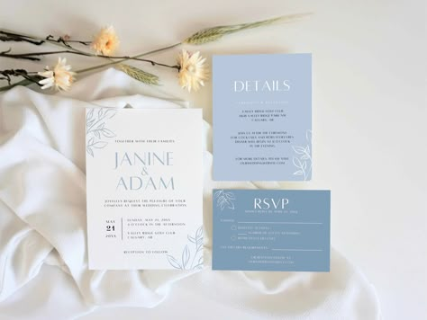 Dusty Blue Wedding Invitation Template Floral Wedding - Etsy Blue Wedding Invitation Template, Light Blue Wedding Invitations, Dusty Blue Wedding Invitation, Modern Wedding Invitation Suite, Digital Wedding Invitations Templates, Baby Blue Weddings, Blue Wedding Invitation, Dusty Blue Wedding, Blue Invitation