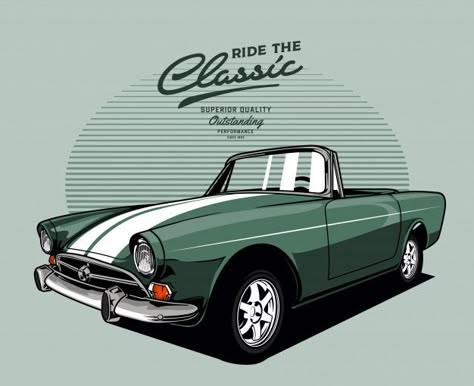 Classic Cars Paintings, Vintage Car Illustration Retro, Vintage Cars Illustration, Classic Cars Illustration, Retro Car Drawing, Vintage Car Drawing, Green Classic Car, Vintage Car Illustration, Red Classic Car