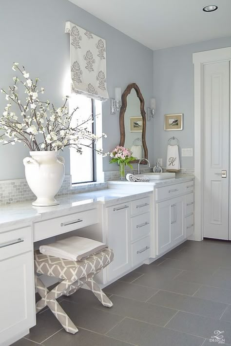 transitional white bathroom white cabinets carrara marble counter tops benjamin moore silver lake. #benjaminmooresilverlake Light Blue Grey Paint, Blue Gray Paint Colors, White Bathroom Cabinets, Blue Gray Paint, Beach Shells, Best Bathroom Vanities, Decor Baie, Bathroom Paint Colors, Gray Paint