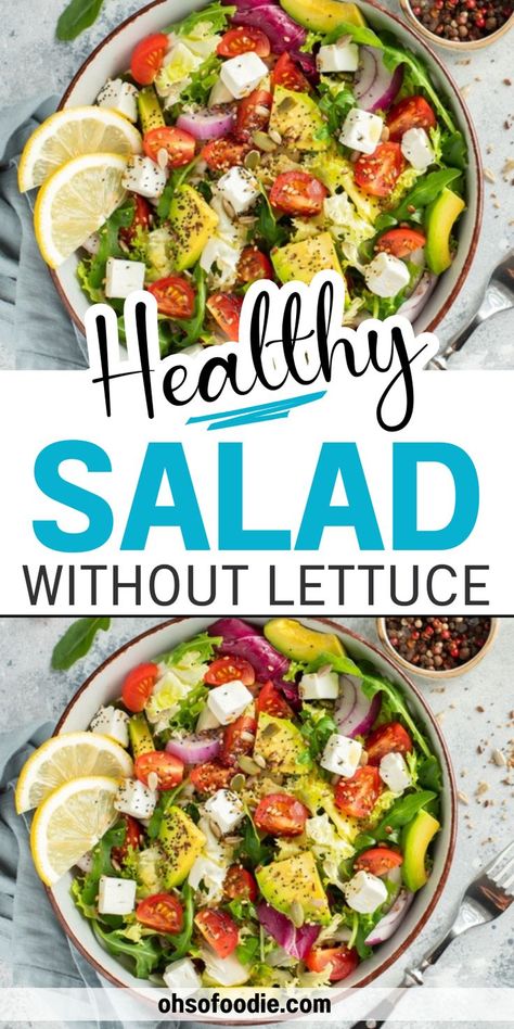 Text reads Healthy Salad Without Lettuce Healthy Hearty Salad Recipes, Veggie Salads Without Lettuce, Longevity Salad, No Lettuce Salad Recipes, Non Lettuce Salads, Salads No Lettuce, Salad Without Lettuce, No Lettuce Salad, Health Rituals