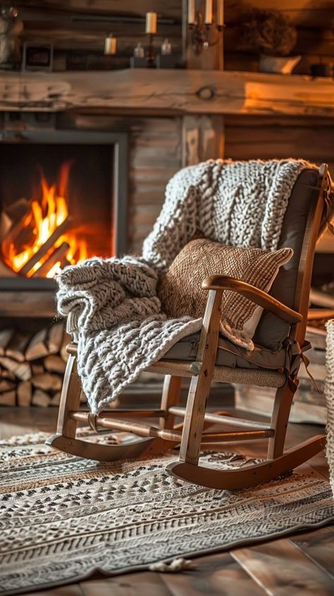 Cozy winter cabin interior with rocking chair by fireplace, knitted throw, wooden floors, and rustic ambiance. A perfect retreat for chilly evenings. Mountain Home Bedroom, Comfy Rocking Chair, How To Hang Curtains, Winter Cottagecore, Cozy Winter Cabin, Winter Cottages, Hang Curtains, Deco Champetre, Winter Retreat