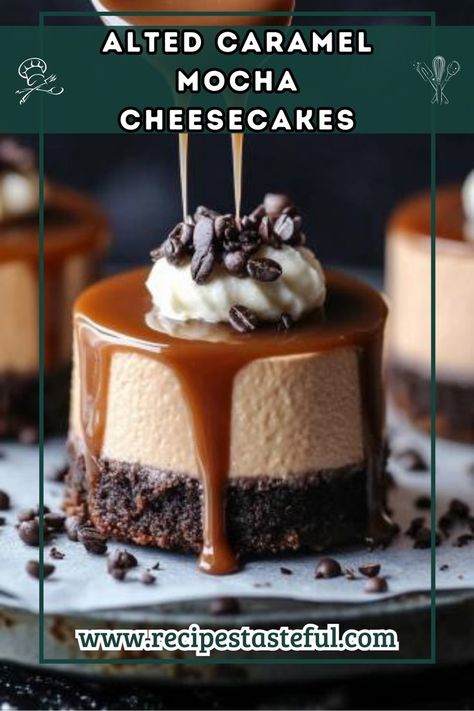 Indulge in these decadent Salted Caramel Mocha Cheesecakes that blend rich cream cheese filling with a chocolate wafer crust and luscious caramel sauce. Perfect for coffee lovers and dessert enthusiasts alike! Carmel Cheesecake, Chocolate Caramel Cheesecake, Mocha Cheesecake, Salted Carmel, Salted Caramel Mocha, Chocolate Wafer, Chocolate Wafer Cookies, Caramel Mocha, Caramel Desserts