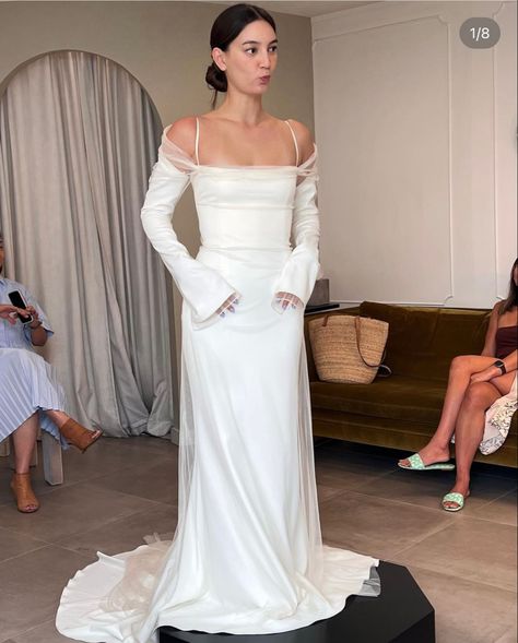 Long Sleeve Strapless Wedding Dress, Vivienne Westwood Wedding Dress Long Sleeve, Long Sleeve Wedding Dress Aesthetic, Editorial Wedding Dress, Emily Mariko Wedding, Long Sleeve Silk Wedding Dress, Sister Of The Bride Dress, Statement Wedding Dress, Emily Mariko