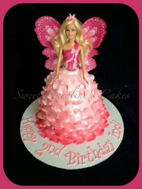 Fairy dolly varden cake! Dolly Cakes Birthday, Dolly Varden Cakes, 2 Tier Fairy Cake, Barbie Dolly Varden Cake, Dolly Varden Cake, Princess Doll Cake, Princess Doll Cake Buttercream, Lilly Party, Dolly Varden