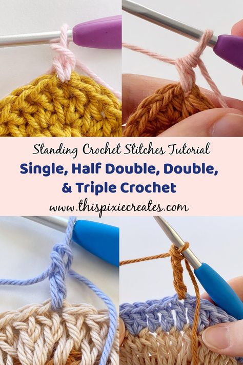 Learn to create a seamless start to a new round or row, with a standing crochet stitch. In this tutorial, you'll learn how to crochet the standing single crochet, standing half double crochet, standing double crochet, and standing triple crochet. Each tutorial includes step-by-step pictures to help you! Single Double Triple Crochet Pattern, Crochet Helpful Hints, Standing Stitch Crochet, Standing Double Crochet Tutorial, Half Double Crochet Granny Square, Standing Double Crochet, Half Double Crochet Tutorial, Crochet Half Double Crochet, Crochet Double Crochet