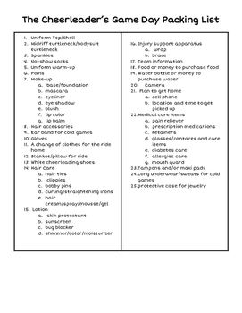 Give this to your cheerleaders (or their parents) as a reminder of what to pack for a game! Cheer Game Day Checklist, Cheerleading Practice Plan, Cheer Cards, Basket Toss, Cheer Games, Special Education Behavior, Youth Cheer, Cheer Captain, School Cheerleading