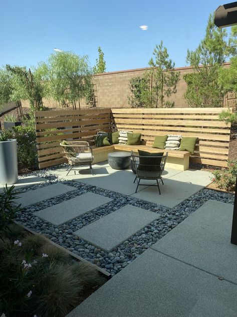 Small Backyard Landscaping Pavers, Backyard Paver Sitting Area, Small Paver Patio With Fire Pit, Fire Pit Privacy Wall, Privacy Wall Fire Pit, Fire Pit With Pavers And Gravel, Small Backyard With Fire Pit, Fire Pit Walkway, Stone Backyard Landscaping