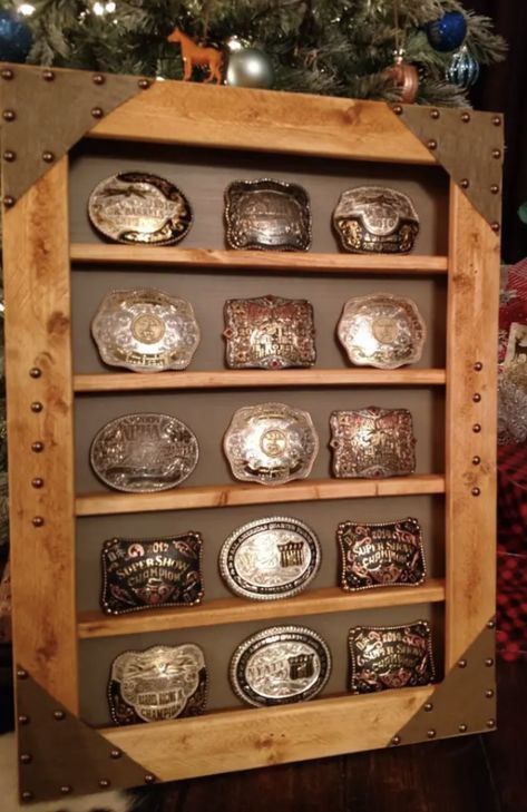 Buckle Display Case, Belt Buckle Display, Buckle Display, Western Bedroom Decor, Western Rooms, Western Bedroom, Diy Shadow Box, Wood Wall Art Diy, Western Belt Buckles