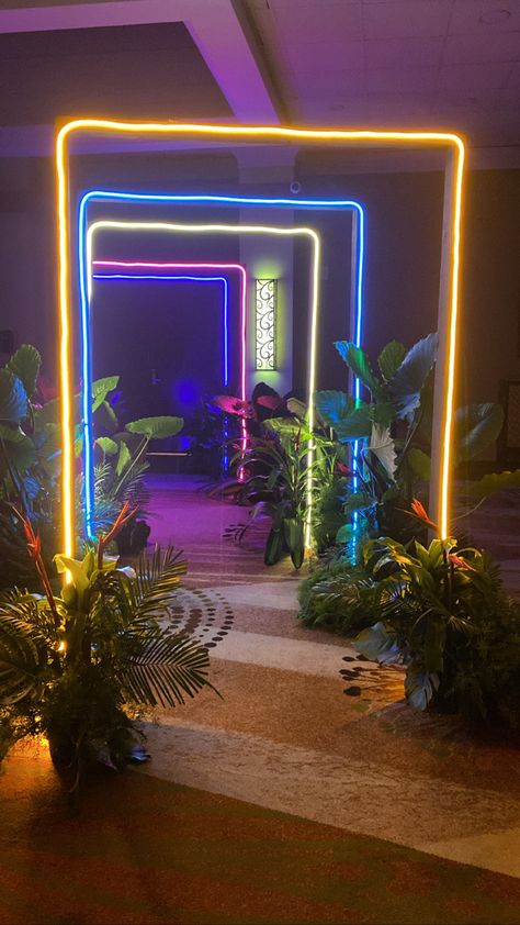 Neon Entrance, Jungle Entrance, Tropical Disco Party, Futuristic Event Decor, Jungle Rave Decor, Neon Party Stage Design, Neon Jungle Aesthetic Party, Neon Entrance Arch, Neon Backdrop