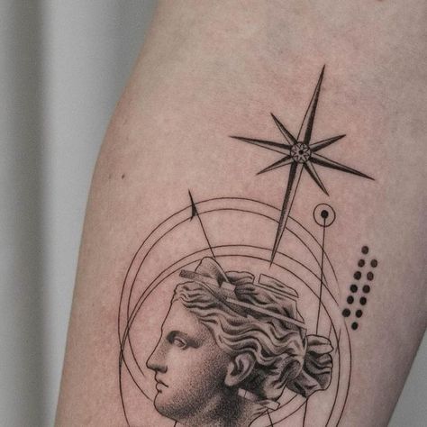 Deliris studio on Instagram: "Artemis by @gabe_felicianoart . . . Book your appointment now⬆️For more information about bookings/appointments email us at delirisstudio@gmail.com #finelinetattoo #delirisstudio #artemisstatue #orlandotattooartist #winterpark #geometrictattoo #statuetattoo #mills50district" Artemis Tattoo Symbol, Artemis Minimalist Tattoo, Artemis Statue Tattoo, Greek Mythology Tattoos Artemis, Greek Goddess Tattoo Artemis, Artemis Tattoo, Orlando Tattoo, Etching Tattoo, Statue Tattoo