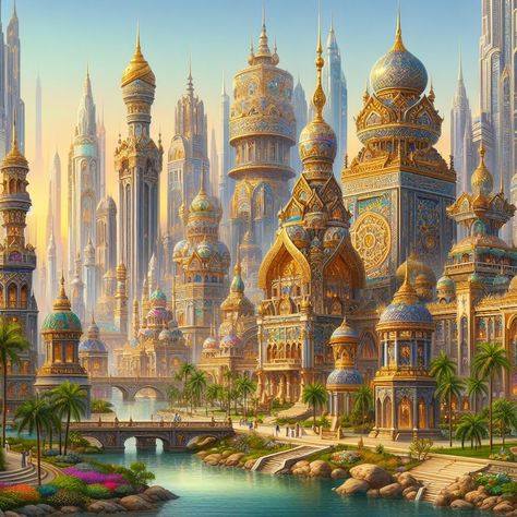 Fantasy Persian City, African Palace Fantasy Art, Hindu Architecture, India Landscape, Superhero Artwork, Star Wars Planets, Dome Building, Small Castles, Thai Buddha