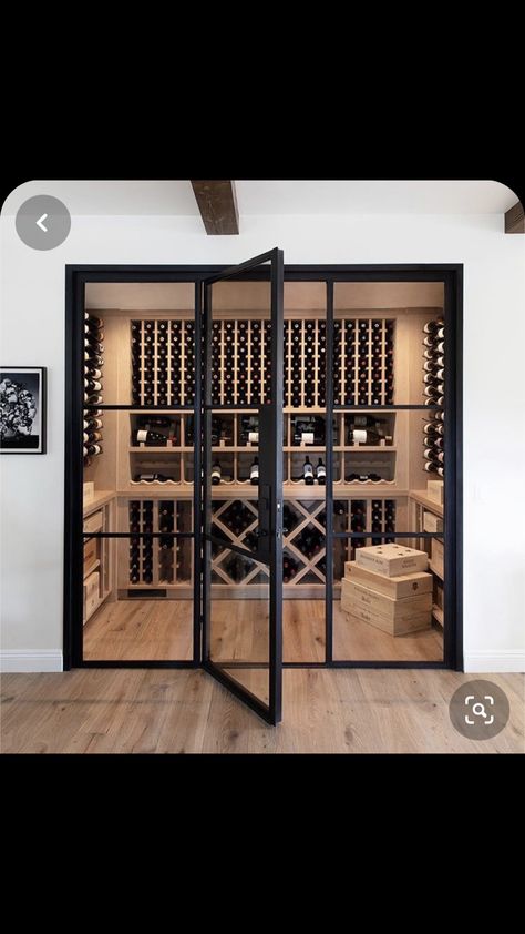 Walk In Wine Closet, Glass Wine Room Modern, Wine Cellar Glass Doors, Wine Cellar Doors Ideas, Wine Doors, Modern Wine Room, Glass Wine Room, Cave Vin, Cellar Inspiration