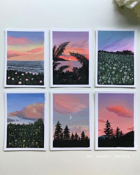 Anju | gouache,acrylics on Instagram: “All the six mini paintings I did on last six reels💜 Which is your favourite ?? #acrylics #acrylicpainting #minipainting #miniartwork…” Acrylic Colour Painting, Painting With Acrylic Colours, Cloud Canvas Painting, Pink Canvas Art, Cloud Canvas, Acrylic Colours, Whimsical Paintings, Colour Painting, Gouache Art