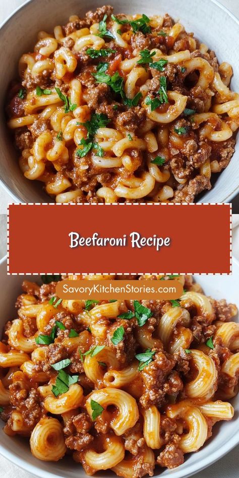 Looking for a comforting and easy meal that the whole family will love? This Beefaroni Recipe combines ground beef and pasta in a deliciously cheesy sauce! Save this recipe for a quick weeknight dinner idea that’s sure to please everyone at the table. Perfect for your Ground Beef Recipes collection! Easy Pasta Recipes With Ground Beef Simple, Ground Meat And Pasta Recipes, Easy Dinners Ground Beef, Dinner Ideas For Ground Beef, Ground Beef Spaghetti, Elbow Macaroni And Ground Beef, One Pot Ground Beef Meals, Ground Beef One Pan Meal, Beef And Orzo Recipes