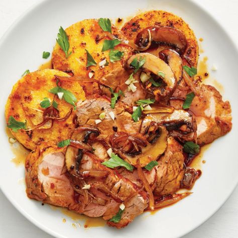 Pork Marsala with Polenta by Food Network Kitchen Tube Polenta, Pork Marsala, Polenta Recipe, Best Healthy Dinner Recipes, Polenta Recipes, Marsala Wine, Cremini Mushrooms, Fast Healthy Meals, Stuffed Pork Tenderloin