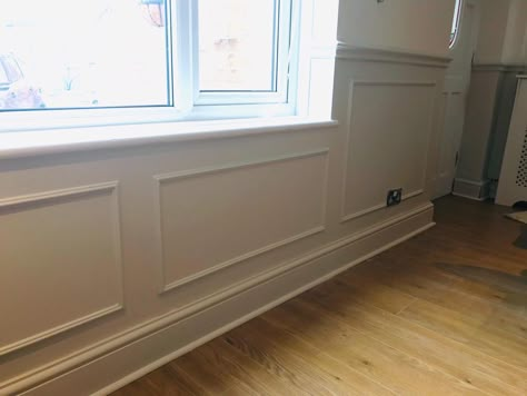 Dado rail and panels under window Wood Panelling Around Windows, Panelling On Window Wall, Panelled Walls With Windows, Wall Paneling Around Window, Room With Dado Rail, Panelled Walls Around Window, Panelling Under Window, Paneling Around Windows, Dado Rail Window