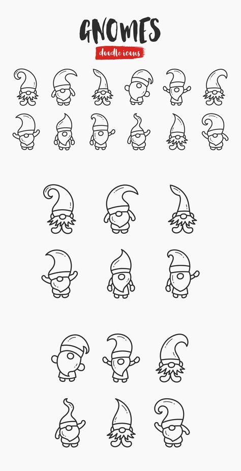 Gnomes Hand-Drawn Doodle Icons Gnome Doodle Easy, Cute Easy Christmas Drawings Gnome, Tiny Gnome Tattoo, Cute Gnome Drawing Simple, Simple Gnome Drawing, Gnome Drawing Simple, Cute Gnome Drawing, Gnome Doodle, Elf Doodle