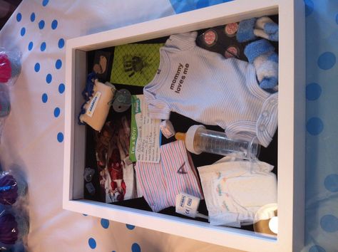 NICU Memory Shadow Box by Ashley Cole Nicu Milestones, Baby Shadow Box Ideas, Memory Shadow Box, Prematurity Day, Premie Baby Clothes, Preemie Boy, Preemie Mom, Shadow Box Ideas, Baby Shadow Box