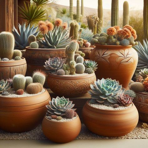 23 Stunning Container Garden Planting Ideas To Transform Your Space - My Besuited Home Cactus Garden In Pots, Cactus Container Garden Ideas, Potted Cactus Garden, Garden Planting Ideas, Cactus Container, Garden In Pots, Container Garden Ideas, Mediterranean Mansion, Potted Cactus