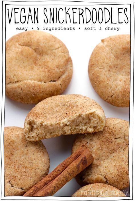 Easy Vegan Snickerdoodle Cookies—soft, pillowy clouds of cinnamon-sugar perfection. With just 9 simple ingredients, these snickerdoodles are a breeze to whip up and taste even better than the classic version. These cookies can also be made ahead and freeze well too, perfect for your holiday baking! #itdoesnttastelikechicken #veganbaking Easy Vegan Oatmeal Cookies, Vegan Cinnamon Cookies, Easy Vegan Christmas Cookies, Christmas Baking Vegan, Vegan Treats Easy, Vegan Cookies Recipes Easy, Christmas Desserts Vegan, Vegan Snickerdoodle Cookies, Vegan Cookie Recipe