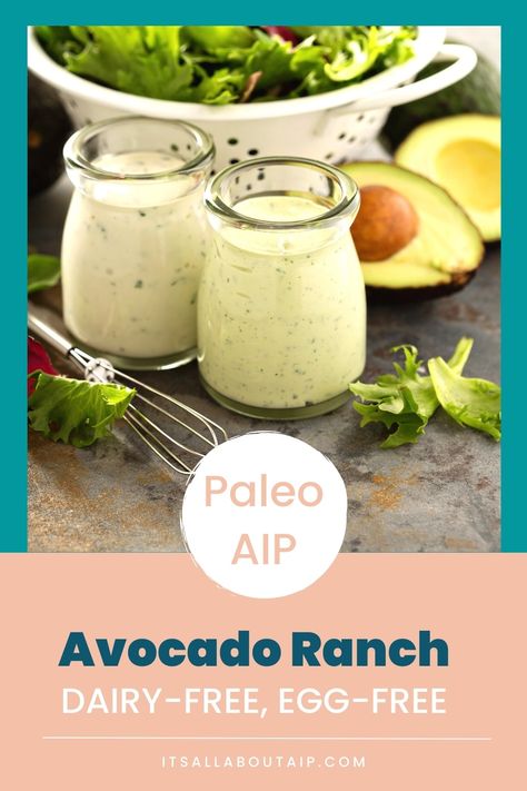 This Paleo AIP Avocado Ranch is dairy-free, egg-free, & delicious as a salad dressing or dip! Say hello to creamy, dreamy salads with my Autoimmune Protocol compliant avo-ranch! It’s so good as a dip, too for vegetable crudite, pork rinds, or sweet potato chips. It only takes a few steps to make, and comes together in less than 10 minutes. #dairyfree #glutenfreedairyfree #eggfree #allergyfriendly #aiprecipe Dairy Free Dip Recipes, Gluten Free Ranch Dressing, Dump Ranch, Paleo Ranch Dressing, Dairy Free Ranch, Paleo Ranch, Vegetable Dip Recipe, Dairy Free Ranch Dressing, Ranch Dressing Dip