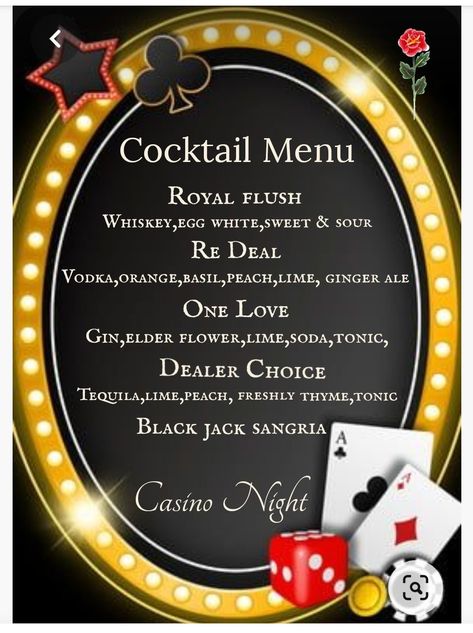 Casino Drinks Cocktails, Casino Office Party, Black And Gold Casino Theme Party, Spades Party Ideas, Casino Themed Drinks Cocktails, Casino Night Drinks, Casino Themed Food, Monte Carlo Theme Party, Casino Theme Party Outfit Women