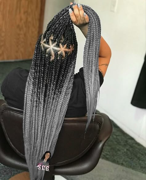 Ombre Gray Box Braids, Grey Ombre Box Braids, Gray Senegalese Twist, Gray Ombre Braids Black Women, Gray And Black Braids, Coco Braids, Grey Ombre Braids, Silver Knotless Braids, Grey Box Braids Silver Black Women