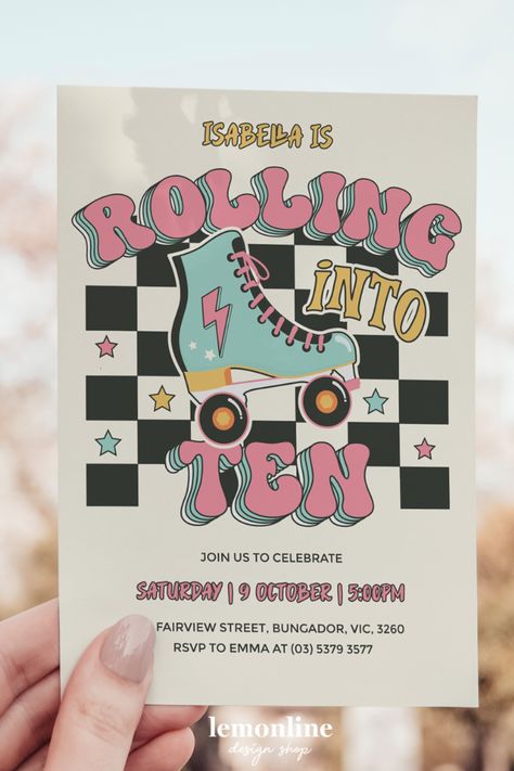 Get ready to roll with our awesome Roller Skate Invitation! This invitation is perfect for an epic 10th birthday party at the rink or at the park. Lace up your skates, gather your crew, and get ready to have a blast on wheels. Don't miss out on the fun—grab your invitation and let's roll into an unforgettable celebration! #rollerskate #skateinvite #rollerskateinvite Roller Skate Rink, Roller Skate Invitations, Skate Invitations, Skate Rink, Roller Skating Birthday Invitations, Skate Birthday Party, Roller Skate Birthday, Teenager Party, Cr7 Vs Messi