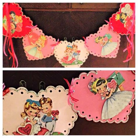 Vintage Valentine Heart, Vintage Valentine Crafts, Vintage Valentines Decorations, Valentine Vintage, Vintage Banner, Valentine Banner, Heart Banner, Valentine Projects, Vintage Valentine Cards