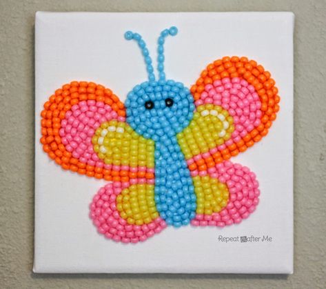 Canvas Pony Bead Art Pony Bead Butterfly, Diy Butterfly Decor, Diy Butterfly Decorations, Slumber Party Activities, Bead Butterfly, Pony Bead Crafts, Repeat Crafter Me, Bead Diy, Diy Butterfly