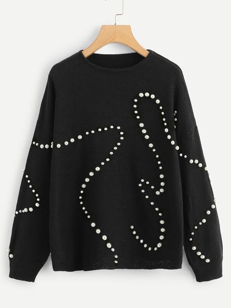 Pearl Embellished Drop Shoulder Sweater -SheIn(Sheinside) Embellished Sweatshirts, Drop Shoulder Sweater, Mode Abaya, Women Sweaters, Drop Shoulder Sweaters, Embroidery Fashion, Girl Sweatshirts, Shoulder Sweater, Fashion Details