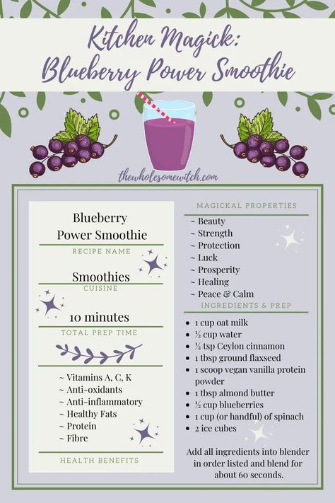 Blueberry Witchcraft, Witchcraft Recipes Kitchen Witch, Kitchen Witch Cookbook, Food Properties Witchcraft, Witch Kitchen Recipes, Witchy Breakfast, Kitchen Magick Recipes, Kitchen Witch Recipes Food, Kitchen Witch Tips