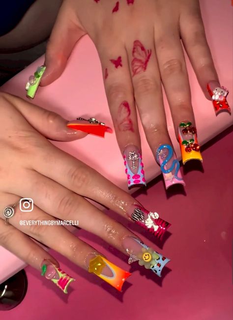 Takashi Nails, Hype Beast Nails, Freestyle Nails, Duck Nails, Hard Nails, Long Acrylic Nail Designs, Drip Nails, Colored Acrylic Nails, Her Nails