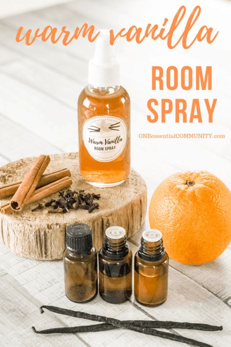 homemade warm vanilla room spray recipe made with essential oils. Housewarming blend evokes a feeling of warm, cozy comfort that's perfect for fall and winter holidays. Made with vanilla, orange, cinnamon, and clove. easy DIY, natural air freshener, essential oil recipe, doTERRA, Young Living, Plant Therapy Natural Air Freshener Diy, Fall Room Spray, Diy Room Spray Essential Oils, Room Spray Diy, All Natural Room Spray, Vanilla Room Spray, One Essential Community, Vanilla Room, Homemade Room Spray