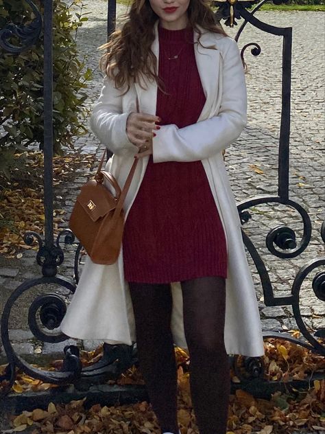 Red Dress White Coat, Burgundy Classy Outfit, Red Coat Outfit Aesthetic, Old Money Valentines Day Outfit, Old Money Red Outfit, White Coat Outfit Winter, White Coat Outfit Classy, Bsd Clothes, Old Money Aesthetic Fall