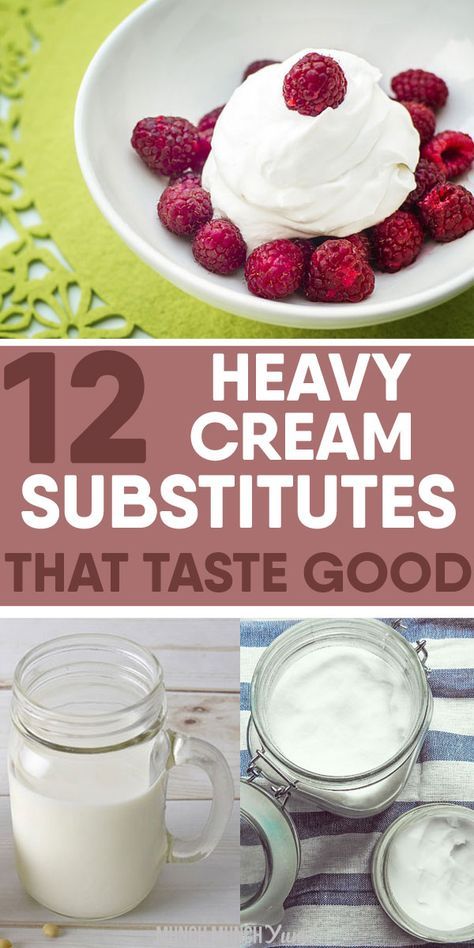 HEAVY CREAM SUBSTITUTES if you need a healthy alternative or simple replacement in meals like dinners or desserts. Find best choices for whipping, cooking or baking based on ingredient or recipe type, like for soup, frosting, ganache, etc. Learn how to make with half and half, greek yogurt, with butter, olive oil, tofu, soy or almond milk and more. Dairy free, vegan options too #cookingtips #substitutions #kitchenhacks #cookinghacks #healthydesserts #healthyrecipes #vegetarianrecipes Replacement For Heavy Cream, Almond Milk Whipped Cream, Heavy Cream Substitute, Cream Substitute, Heavy Cream Recipes, Dairy Free Frosting, Cooking Substitutions, Recipes With Whipping Cream, Vegan Substitutes