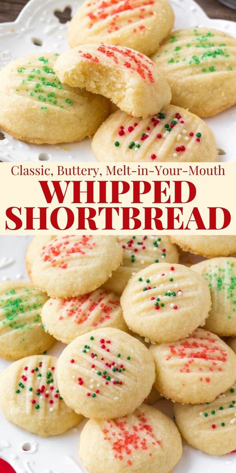 Collage of 2 photos of whipped shortbread Whipped Shortbread, Whipped Shortbread Cookies, Christmas Baking Recipes, Christmas Foods, Holiday Cookie Recipes, Best Cookie Recipes, Deilig Mat, Christmas Snacks, Christmas Cooking