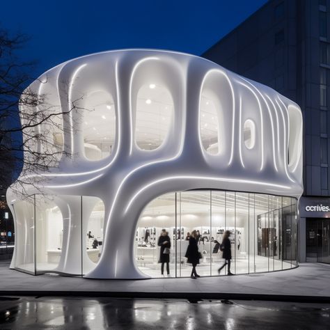 Futuristic Pop Up Store, Fashion Building Architecture, Futuristic Clothing Store, Futuristic Store, Sophisticated Architecture, Organic Architecture Concept, Digital Retail, Round Building, Retail Architecture