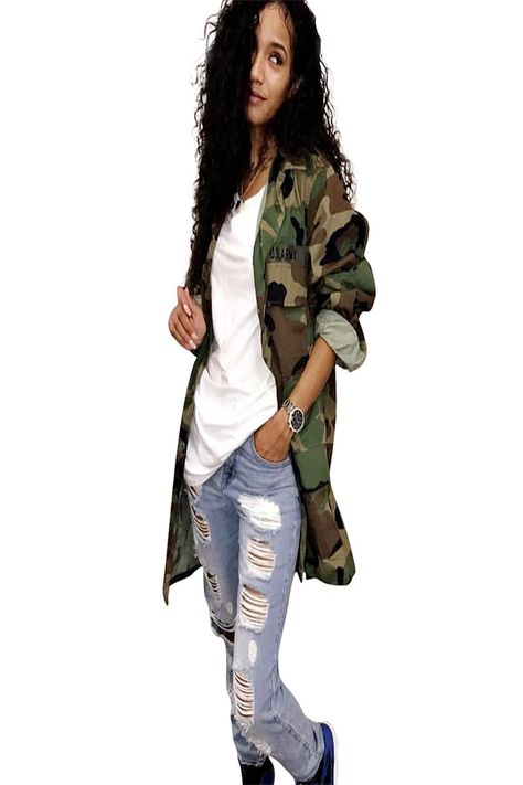 Cheap and qualified white jacket, denim jackets and blue jacket with many kinds are gathered here. Wholesale price of plus size fashion camouflage pattern long sleeve jackets women 2018 casual high quality clothes women jackets and coats can be found here from biwanrou 's shop. Army Fatigue Jacket, Camo Jacket Women, Outfits Over 40, Vacay Fits, Knee Boots Outfit, Streetwear Coat, Long Sleeve Denim Jacket, Camo Outfits, Camouflage Jacket