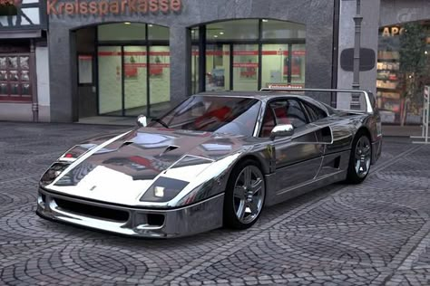 Outrageous Chromed Ferrari F40 Mustang Car Aesthetic, Mustang Car, Car Man Cave, Chrome Cars, Ford Mustang Car, Aesthetic Cool, Ferrari California, Jaguar F Type, Car Aesthetic