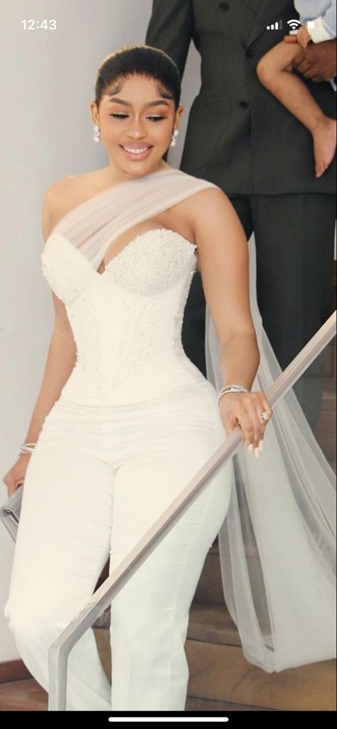 White Bridal After Party Dress, Civil Ceremony Outfit The Bride, Black Women All White Outfit, Wedding Reception Outfit For Bride Black Women, After Party Wedding Dress Black Women, Causal Wedding Dresses, Reception Jumpsuit Brides, Courthouse Wedding Dress Black Women, Wedding After Party Outfit Brides