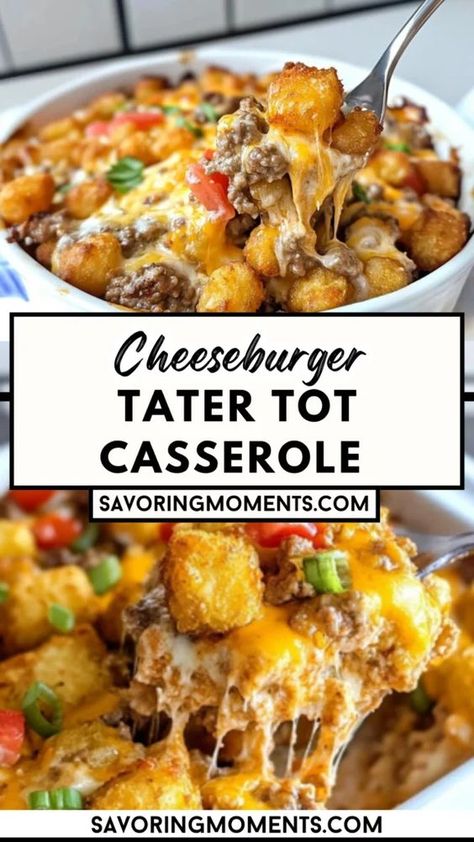 A hearty, cheesy, and crispy delight that brings together all your favorite burger flavors in one easy dish. Make this dish tonight – grab the recipe! #dinnerrecipes #homemadegoodness #cheesyrecipes #easycooking #dinnertime #onepanmeals #tatertotcasserole #bakingideas #familyfriendlyrecipes #quickandeasymeals Meal Casserole Recipes, Easy Dinner For A Crowd Main Dishes, Casarole Dishes Dinner, Burger Flavors, Beginner Cooking Recipes, Tator Tot Recipe, Beef Tater Tot Casserole, Hamburger Dinner Ideas, Cheeseburger Tater Tot Casserole