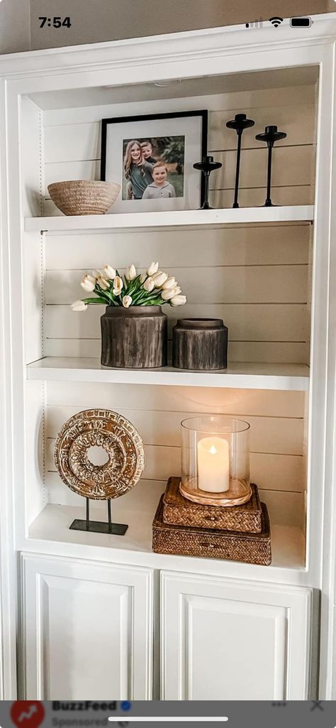 Fireplace Decor With Shelves, Kitchen Built In Shelves Decor, Mantle Decor With Built Ins, White Book Shelves Living Room, Double Shelf Decor Living Rooms, Decor Ideas For Living Room Shelves, How To Decorate Small Shelves, Top Of File Cabinet Decor, Bookshelf Decor With Photos