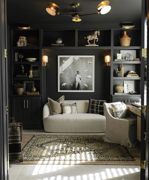 Dark And Moody Interiors, Moody Interiors, Office Library, Office Inspiration, Home Library, Home Office Design, Front Room, Decoration Design, Sitting Room