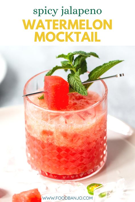 watermelon mocktail in a glass with a garnish of mint and a skewer of a watermelon cube Spicy Watermelon Mocktail, Spicy Non Alcoholic Drinks, Mocktails Non Alcoholic Watermelon, Non Alcoholic Watermelon Drinks, Watermelon Mocktail Non Alcoholic, Mocktails Watermelon, Jalapeno Mocktail, Making Mocktails, Watermelon Mocktails