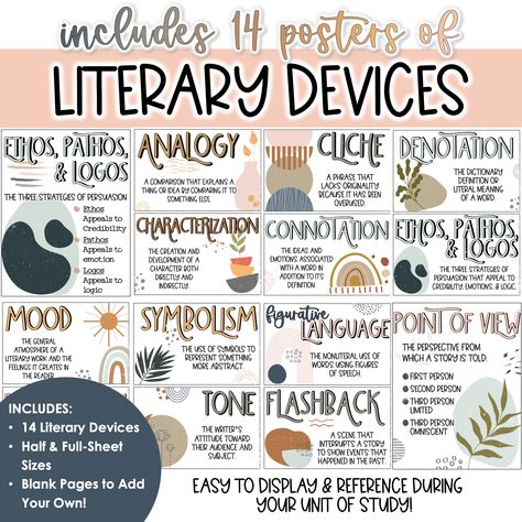 Engage your secondary ELA students with these colorful, informative posters that define and illustrate literary devices and figurative American Literature Classroom Decor, 8th Grade Ela Classroom Decorations, High School Ela Bulletin Board Ideas, Book Themed Classroom Decor, Middle School English Classroom Decor, Literature Classroom Decor, Classroom Displays Secondary, High School English Classroom Decor, Literary Techniques